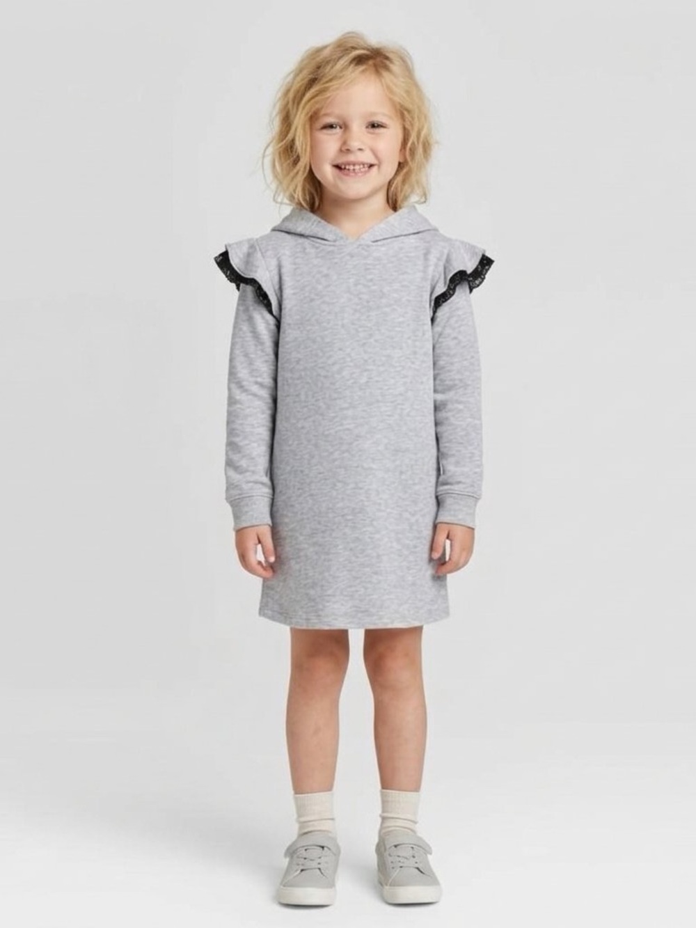 art class Gray Hooded Sweatshirt Dress with Black Ruffle Trim
